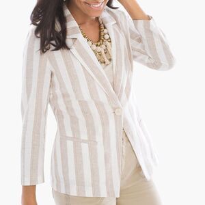 CHICOS NWT Striped Linen Blazer Jacket Tan White Size 2 (Large)